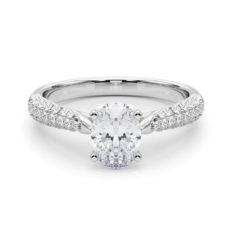 Silver Oval Solitaire Pavé Diamond Engagement Ring with Four-Prong Setting