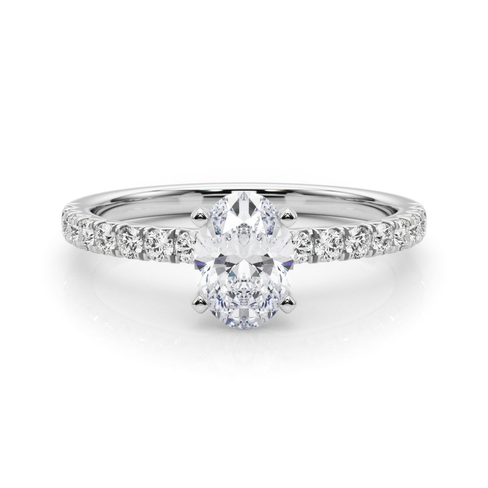 Silver Oval Solitaire Pave Diamond Engagement Ring with Four-Prong Setting