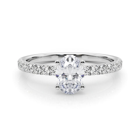 Silver Oval Solitaire Pave Diamond Engagement Ring with Four-Prong Setting