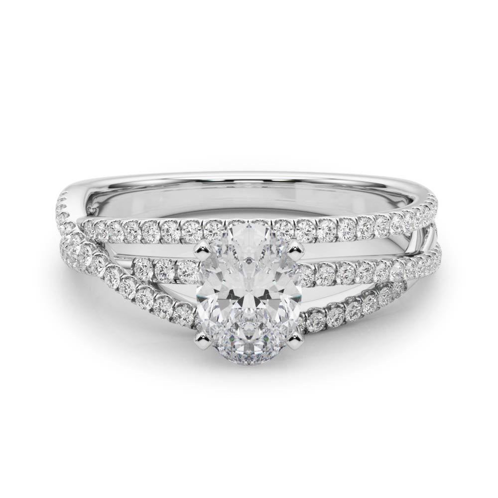 Silver Oval Solitaire Twist Band with Pavé Setting and Four-Prong Setting
