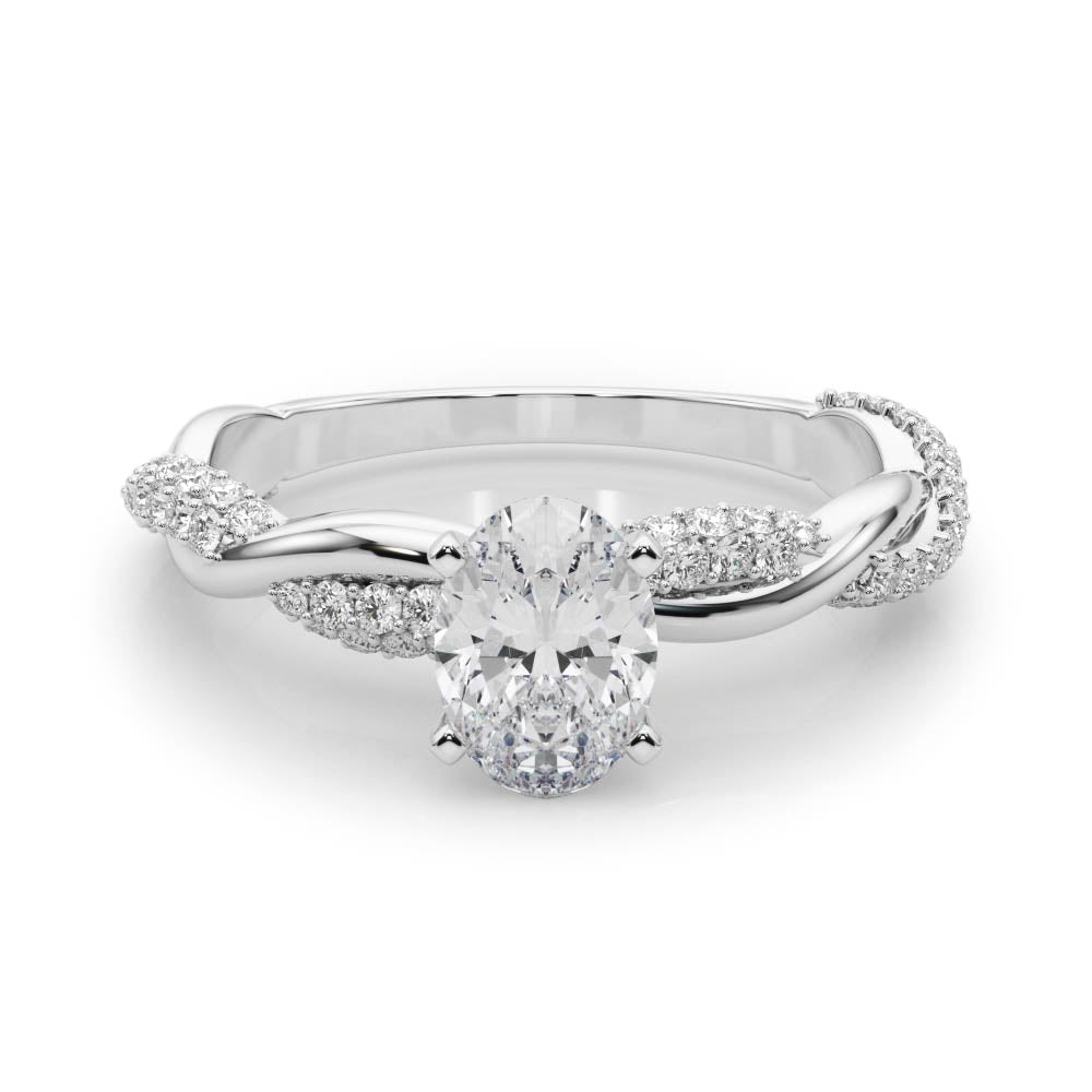 Silver Oval Solitaire Twist Band with Pave Prong Setting