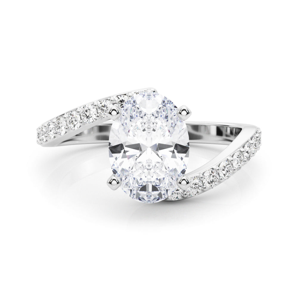 Silver Oval Solitaire Twist Band with Pave Set Diamonds and Four-Prong Setting
