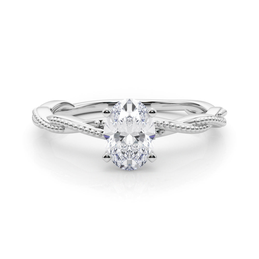Silver Oval Solitaire Twisted Band with Bead Prong Setting