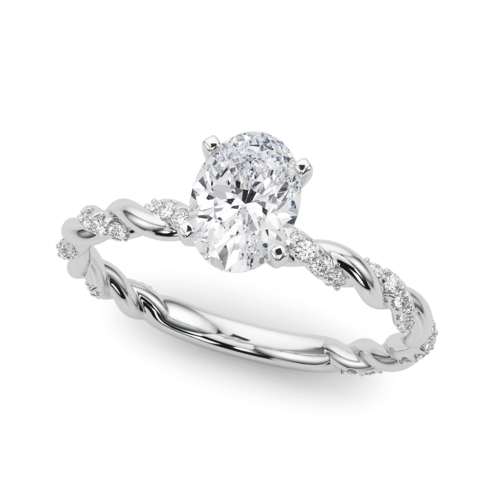 Silver Oval Solitaire Twisted Band with Pavé Accents and Four-Prong Setting 2