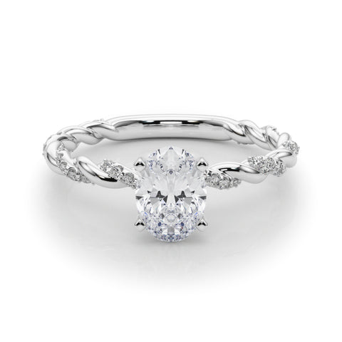 Silver Oval Solitaire Twisted Band with Pavé Accents and Four-Prong Setting