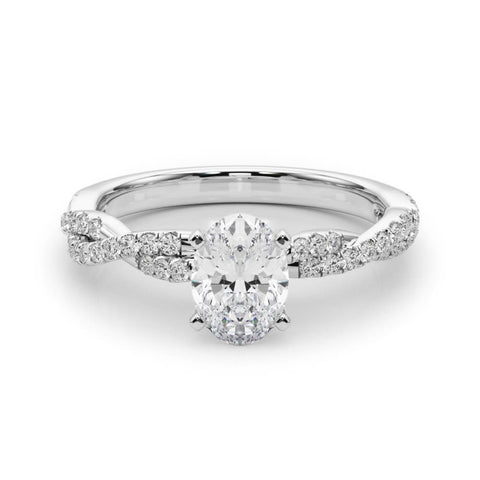 Silver Oval Solitaire Twisted Pave Band with Four-Prong Setting