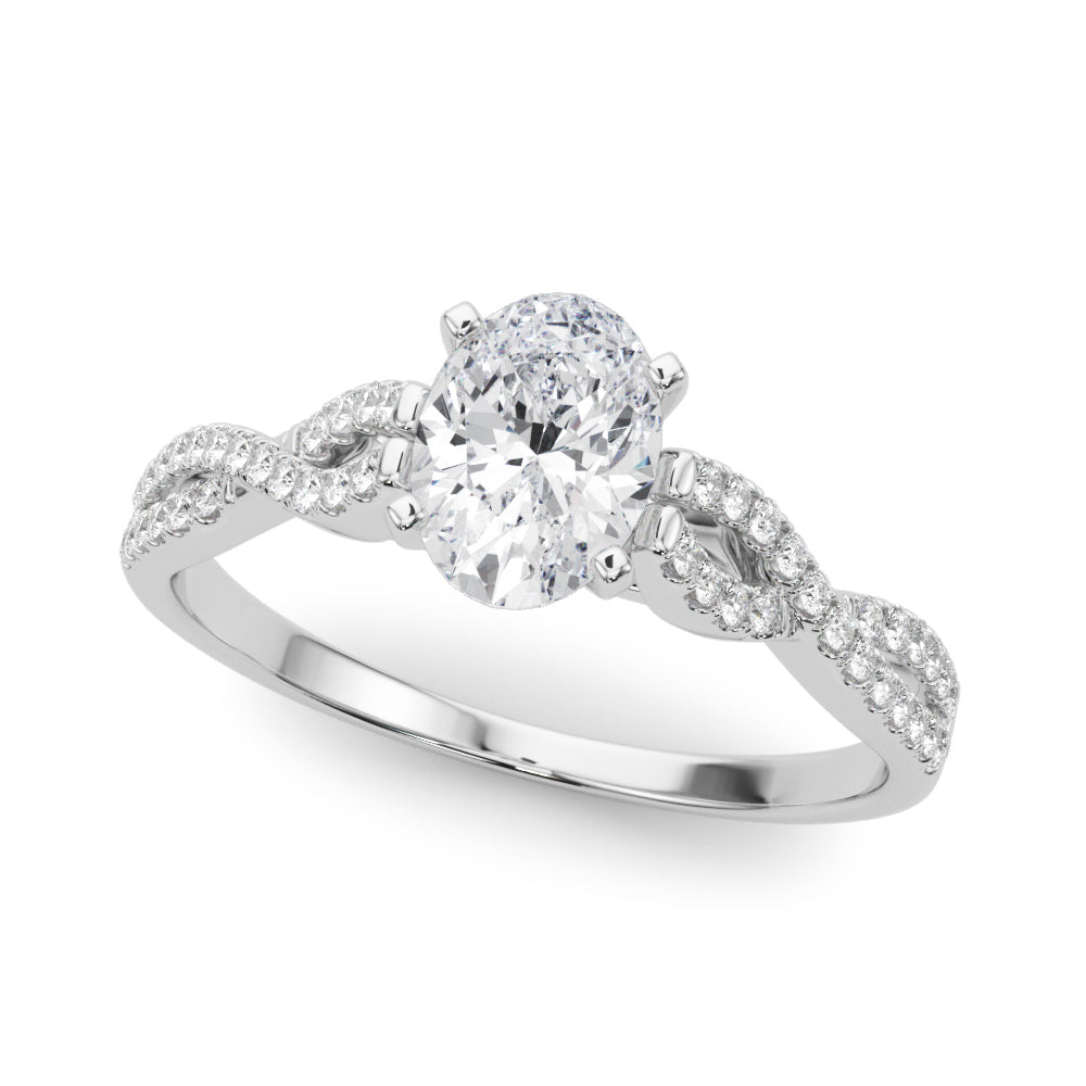 Silver Oval Solitaire Twisted Pave Diamond Engagement Ring with Four-Prong Setting 2