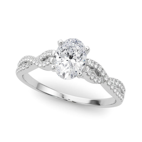 Silver Oval Solitaire Twisted Pave Diamond Engagement Ring with Four-Prong Setting 2