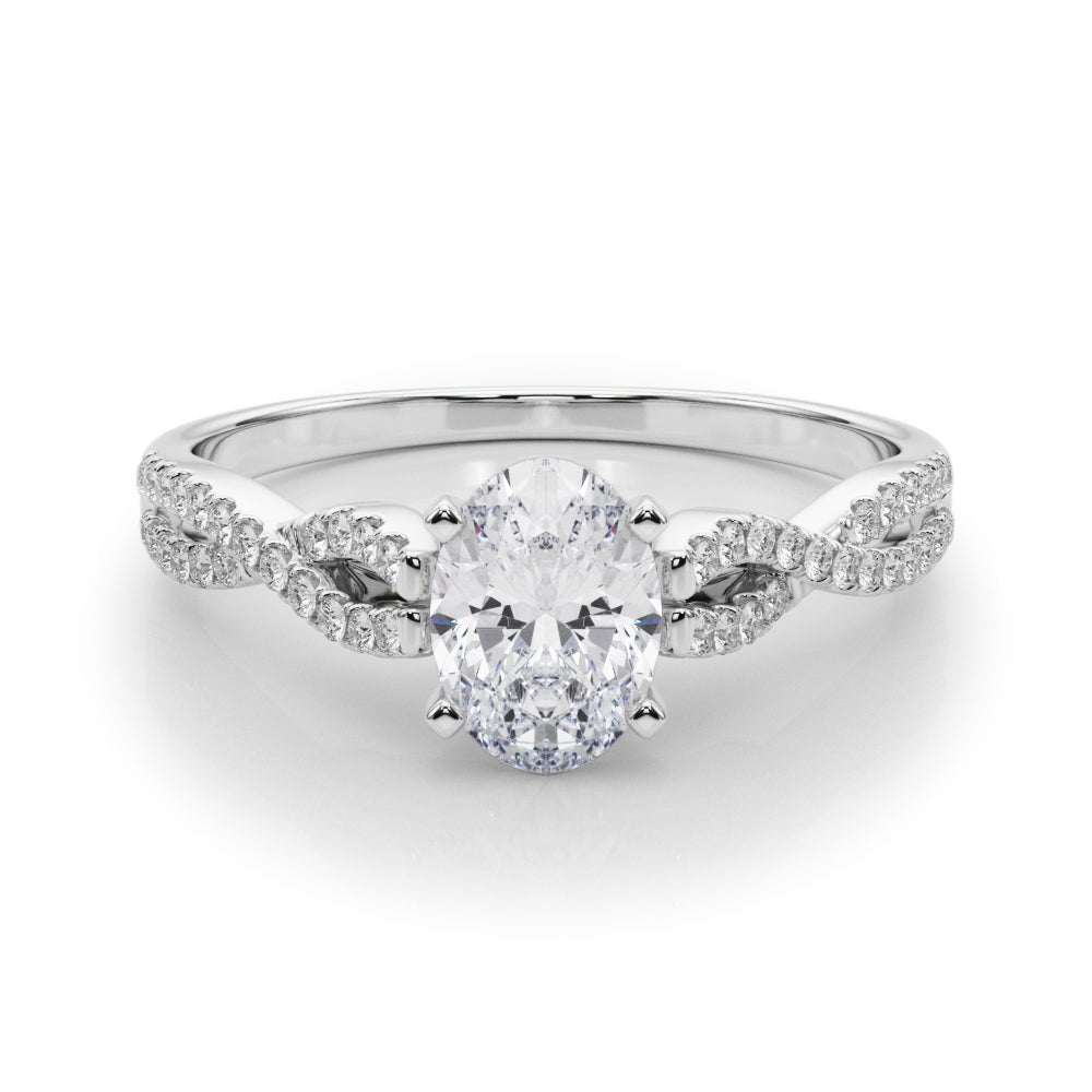 Silver Oval Solitaire Twisted Pave Diamond Engagement Ring with Four-Prong Setting