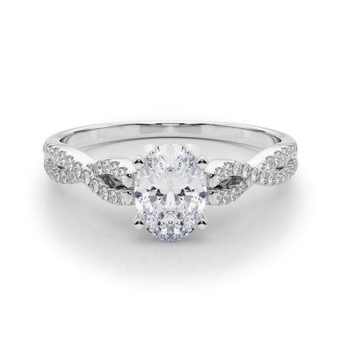 Silver Oval Solitaire Twisted Pave Diamond Engagement Ring with Four-Prong Setting