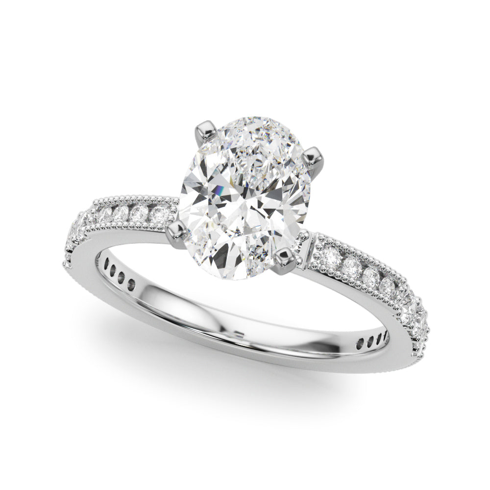 Silver Oval Solitaire with Pavé Band and Four-Prong Setting 2