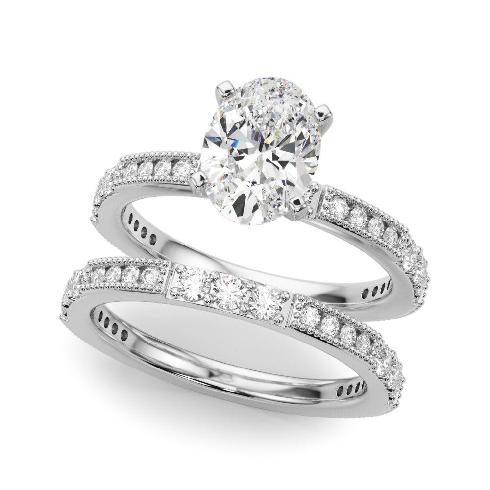 Silver Oval Solitaire with Pavé Band and Four-Prong Setting