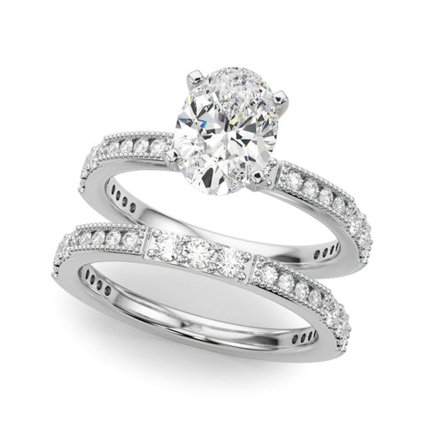 Silver Oval Solitaire with Pavé Band and Four-Prong Setting