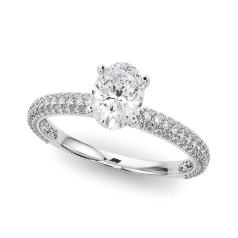 Silver Oval Solitaire with Pave Band and Four-Prong Setting 2