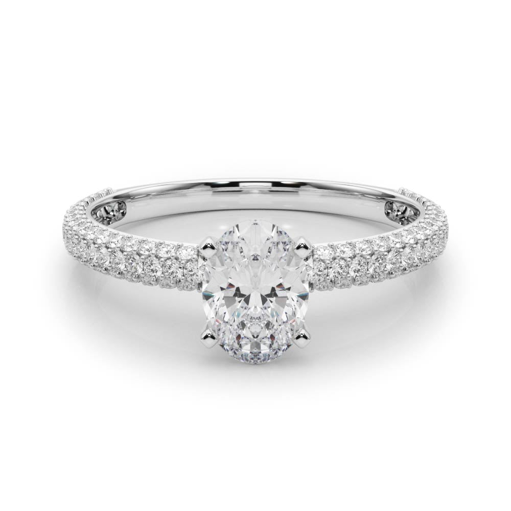 Silver Oval Solitaire with Pave Band and Four-Prong Setting