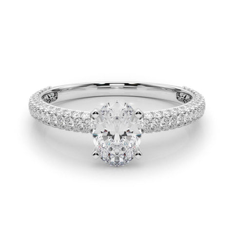Silver Oval Solitaire with Pave Band and Four-Prong Setting