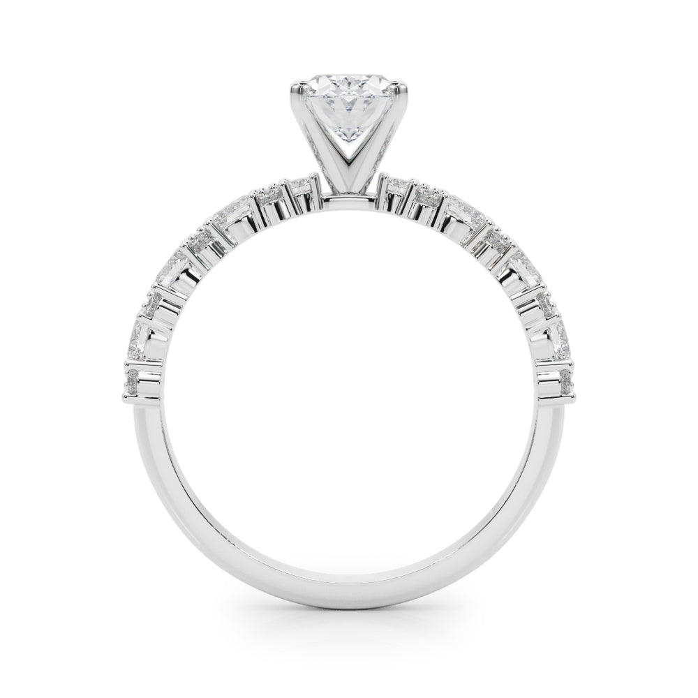 Silver Oval Solitaire with Side Stones, Pave Band, Four-Prong Setting 1