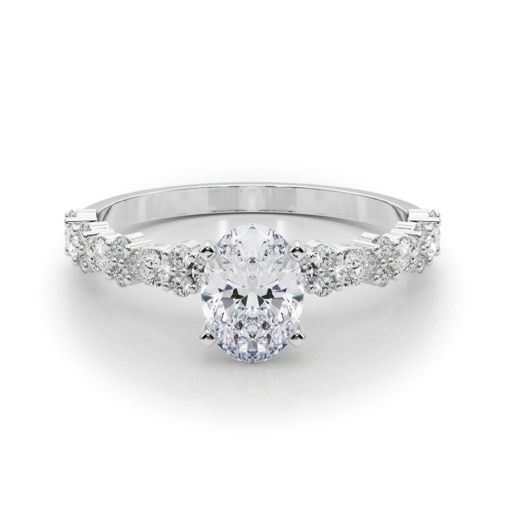 Silver Oval Solitaire with Side Stones, Pave Band, Four-Prong Setting