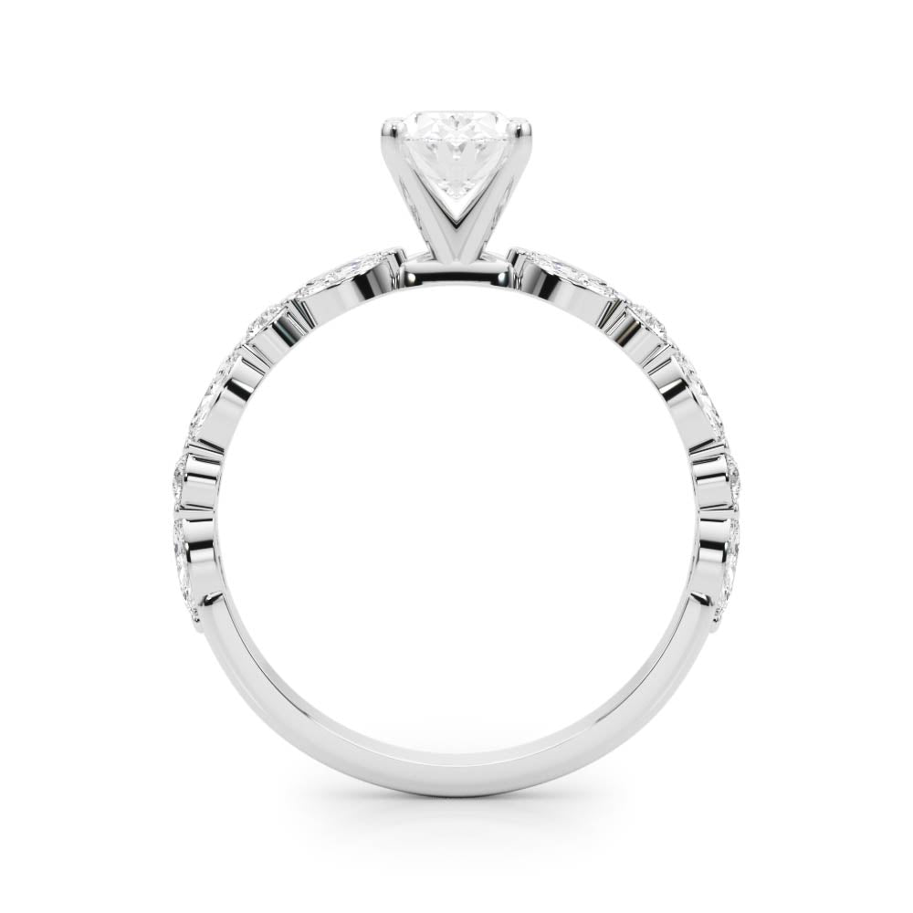 Silver Oval Solitaire with Side Stones on a Pavé Band and Four-Prong Setting 1