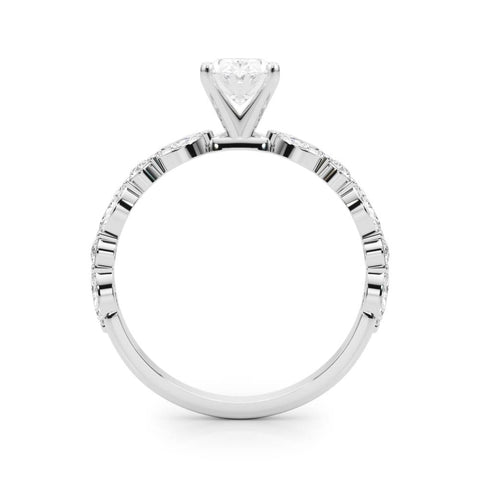 Silver Oval Solitaire with Side Stones on a Pavé Band and Four-Prong Setting 1