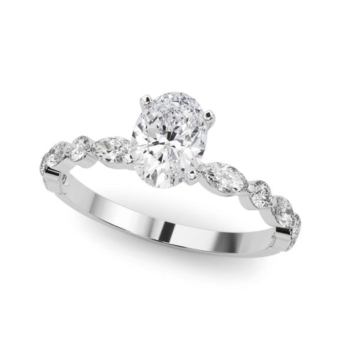 Silver Oval Solitaire with Side Stones on a Pavé Band and Four-Prong Setting 2
