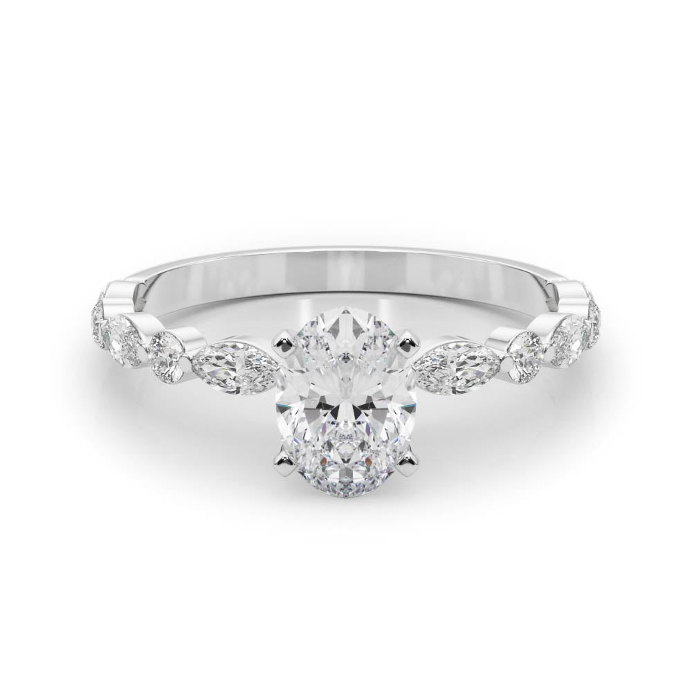Silver Oval Solitaire with Side Stones on a Pavé Band and Four-Prong Setting
