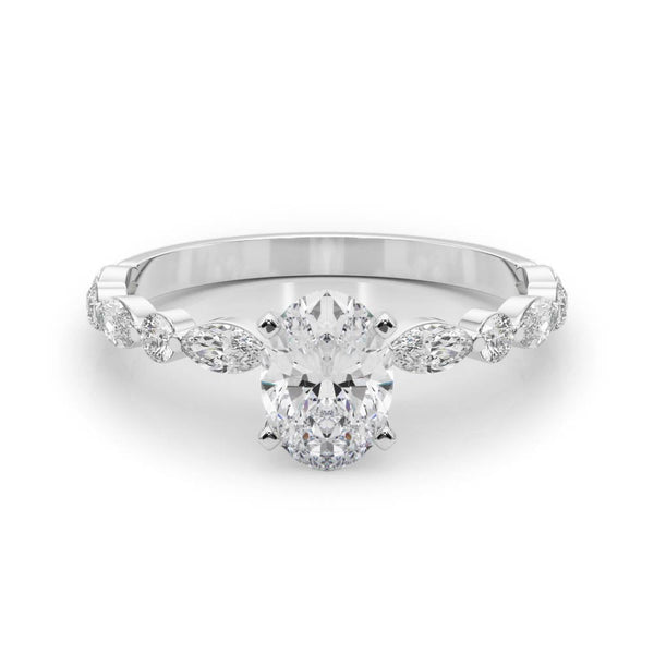 14K White Gold 4.08 Carat E VVS2 Oval Solitaire with Side Stones on a Pavé Band and Four-Prong Setting