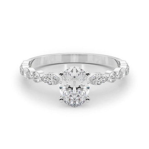 Silver Oval Solitaire with Side Stones on a Pavé Band and Four-Prong Setting