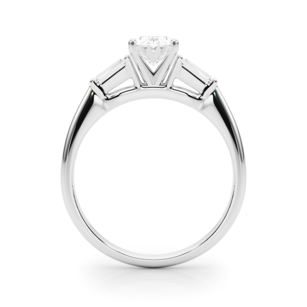 Silver Oval Solitaire with Tapered Baguette Side Stones on a Classic Band with Four-Prong Setting 1