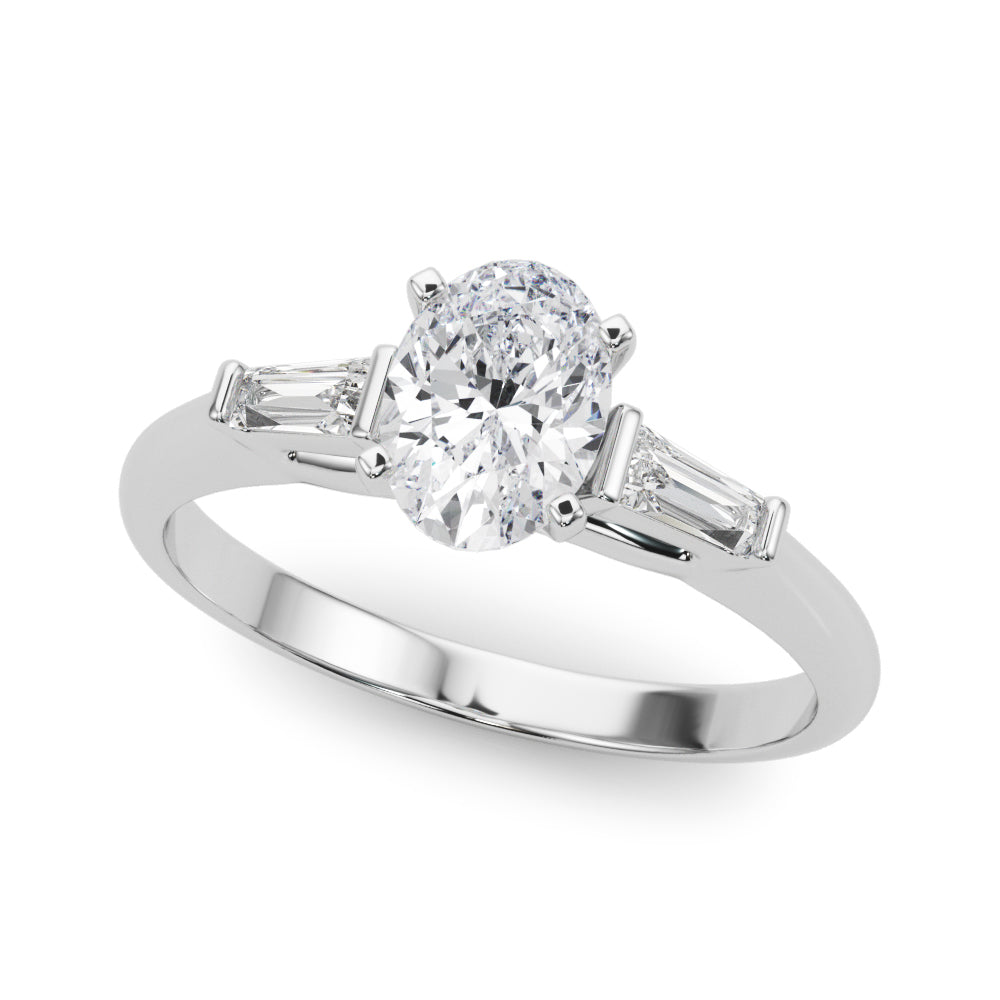 Silver Oval Solitaire with Tapered Baguette Side Stones on a Classic Band with Four-Prong Setting 2