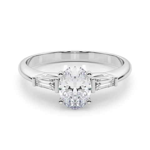 Silver Oval Solitaire with Tapered Baguette Side Stones on a Classic Band with Four-Prong Setting
