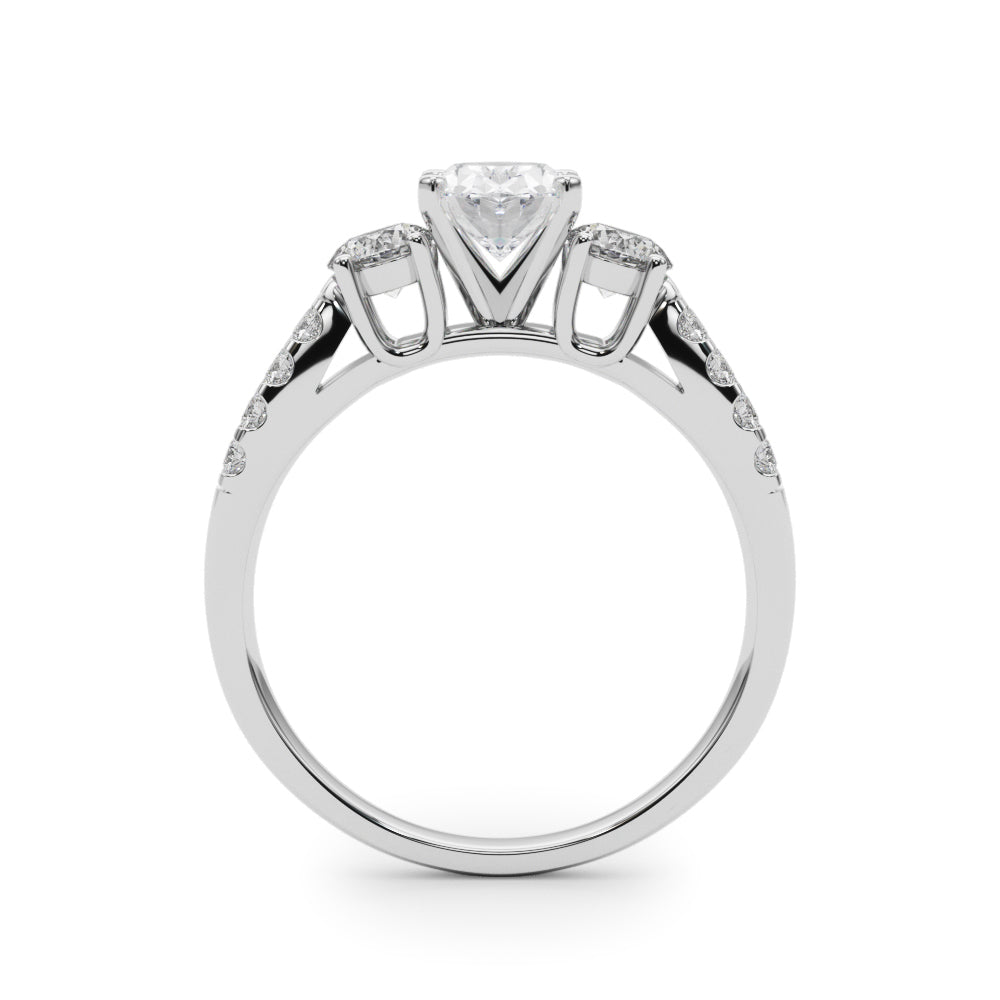 Silver Oval Three-Stone Diamond Ring with Pavé Split Shank and Four-Prong Setting 1