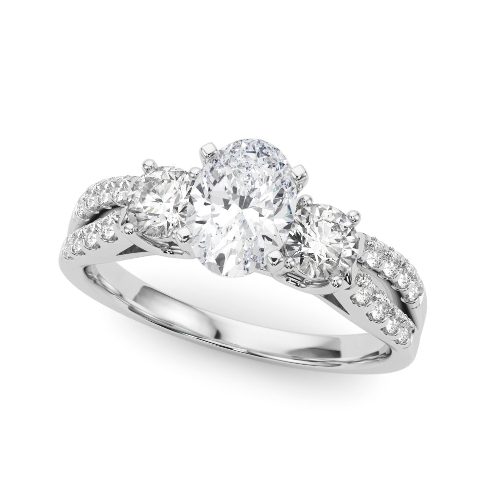 Silver Oval Three-Stone Diamond Ring with Pavé Split Shank and Four-Prong Setting 2