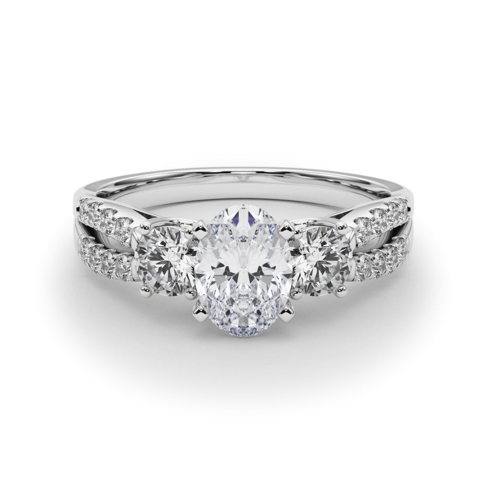 Silver Oval Three-Stone Diamond Ring with Pavé Split Shank and Four-Prong Setting