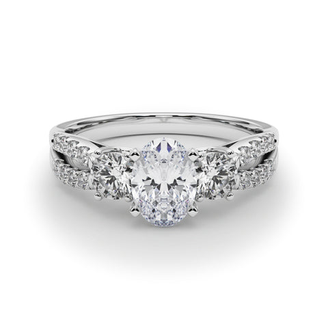 Silver Oval Three-Stone Diamond Ring with Pavé Split Shank and Four-Prong Setting
