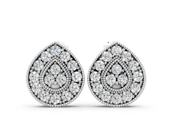 Silver Pavé Pear-Shaped Halo Stud Earrings with Milgrain Detailing