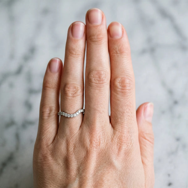 Platinum Pavé Round Diamond Curved Band with Prong Setting