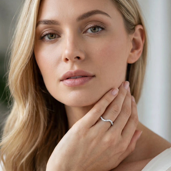 Platinum Pavé Round Diamond Curved Band with Prong Setting