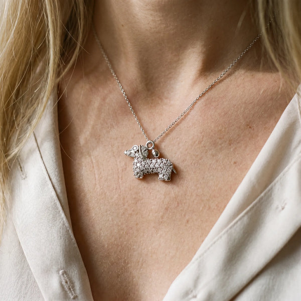 White gold Pavé Round Diamond Prong-Set Dachshund Pendant