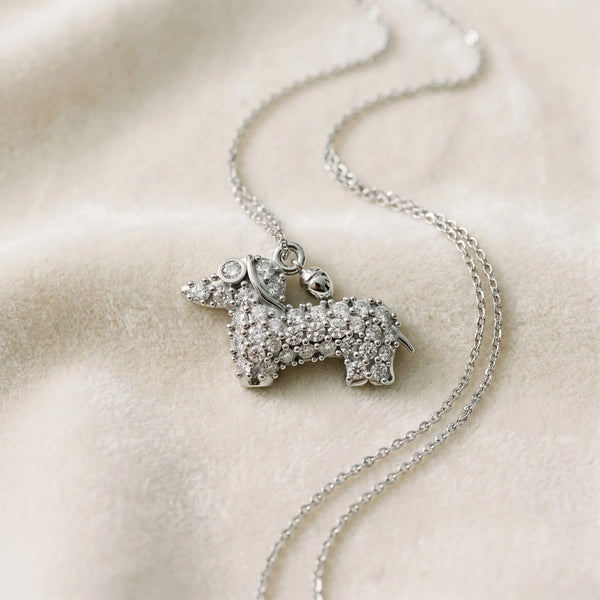 Silver Pavé Round Diamond Prong-Set Dachshund Pendant