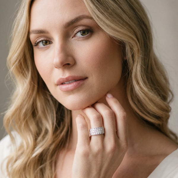White gold Pavé Round Diamond Wide Band with Milgrain Edge