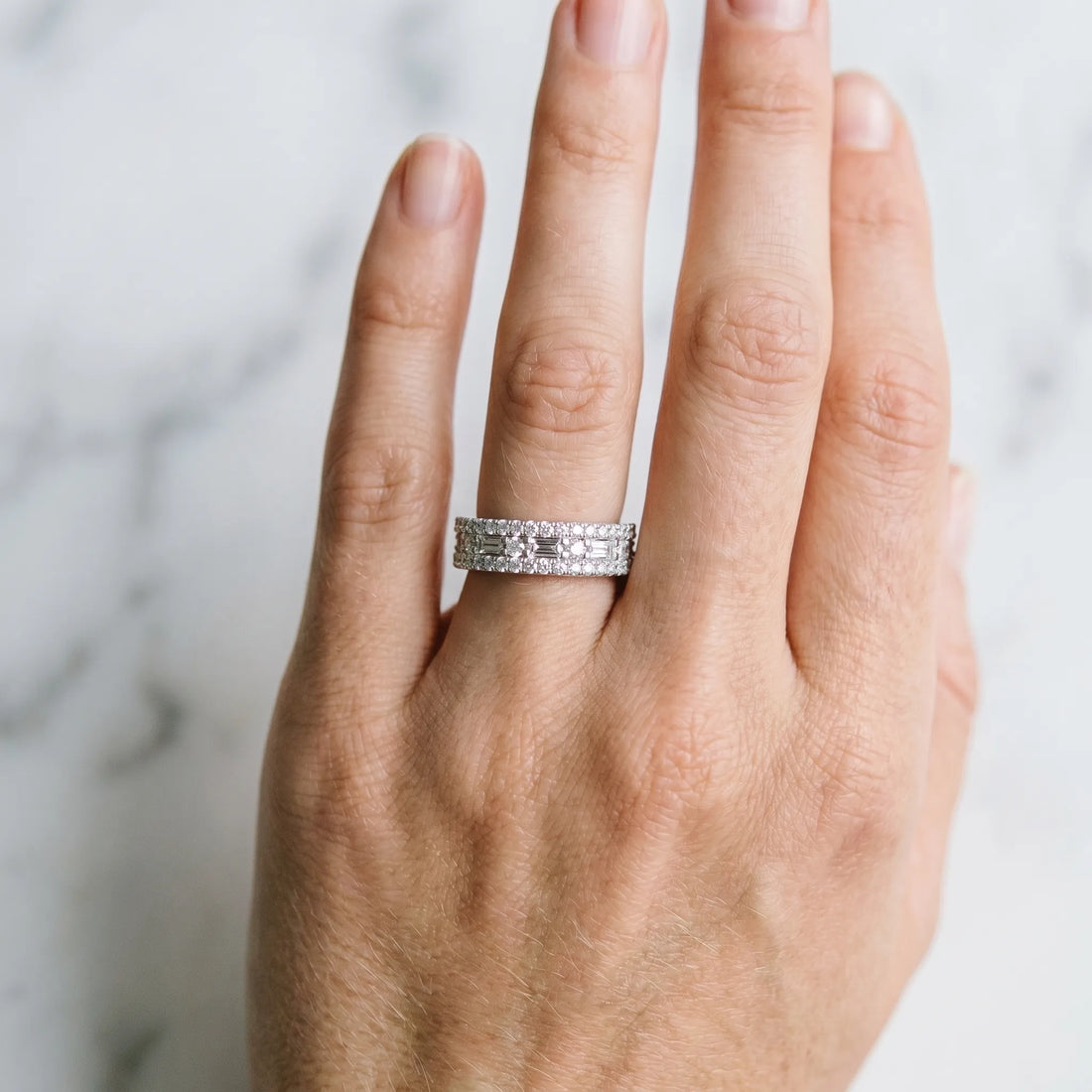 Silver Pave Round and Baguette Diamond Eternity Band with Channel and Prong Setting_12