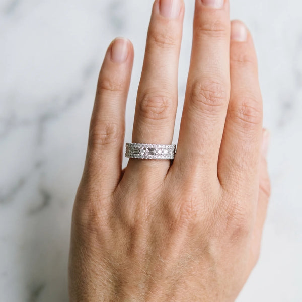 Platinum Pave Round and Baguette Diamond Eternity Band with Channel and Prong Setting