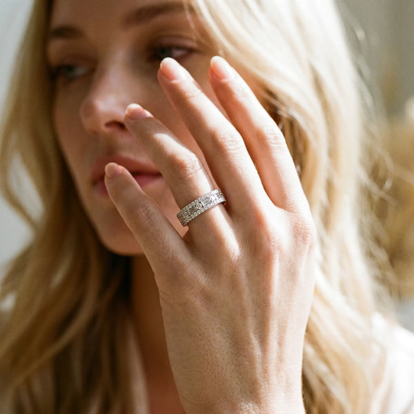Platinum Pave Round and Baguette Diamond Eternity Band with Channel and Prong Setting
