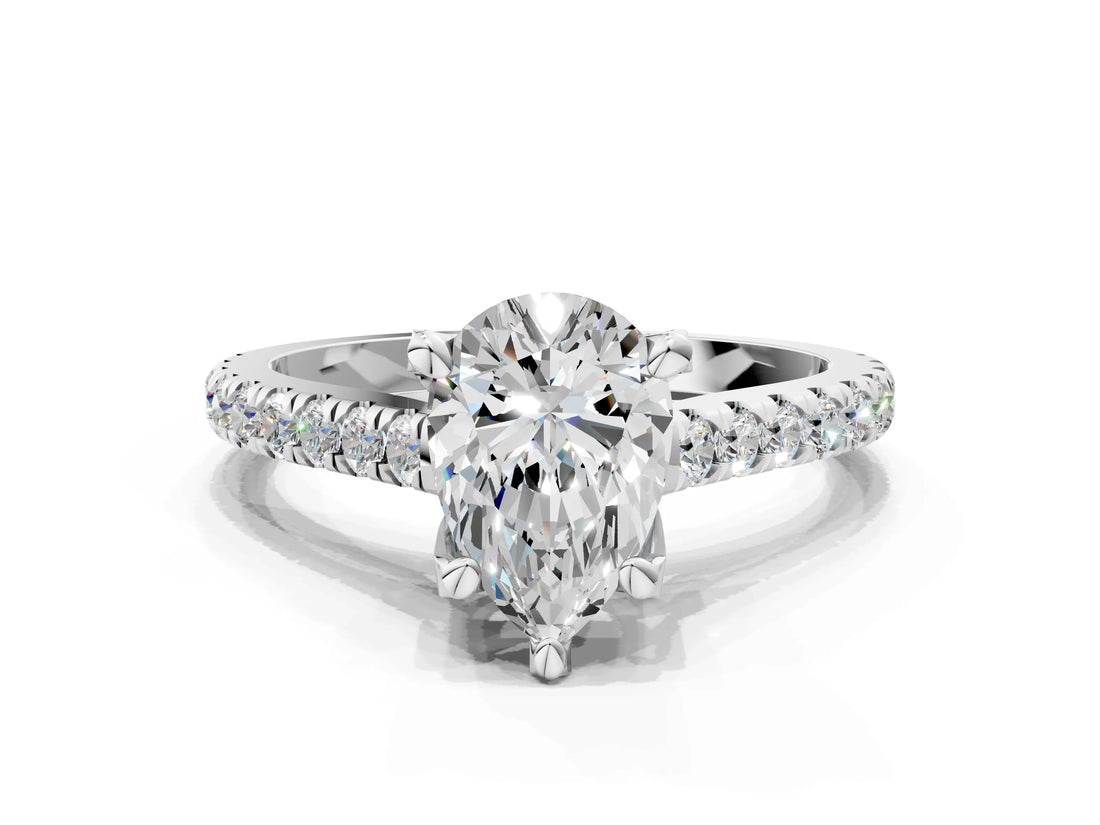 Silver Pear Brilliant Diamond Solitaire with Pavé Band and Four-Prong Setting