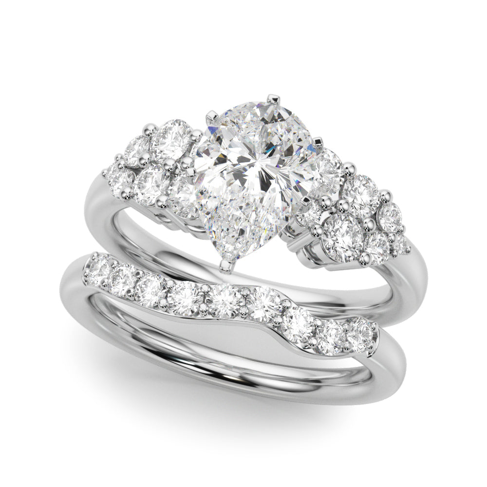 Silver Pear Cluster Diamond Engagement Ring with Pavé Band and Four-Prong Setting