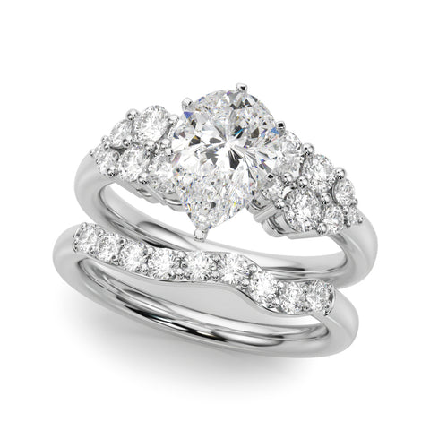 Silver Pear Cluster Diamond Engagement Ring with Pavé Band and Four-Prong Setting