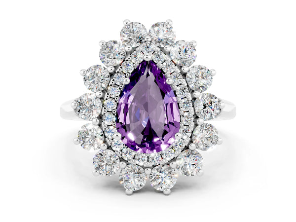 Silver Pear Cut Amethyst Floral Double Halo Engagement Ring with Prong Setting