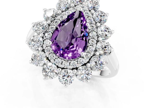 Silver Pear Cut Amethyst Floral Double Halo Engagement Ring with Prong Setting