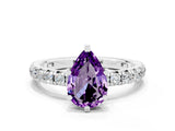 Silver Pear Cut Amethyst Pavé Solitaire Ring with Round Band and Prong Setting_42